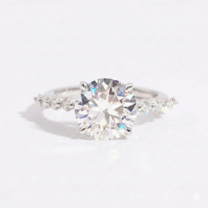 Round Cut Moissanite Engagement Ring with Pavé Band