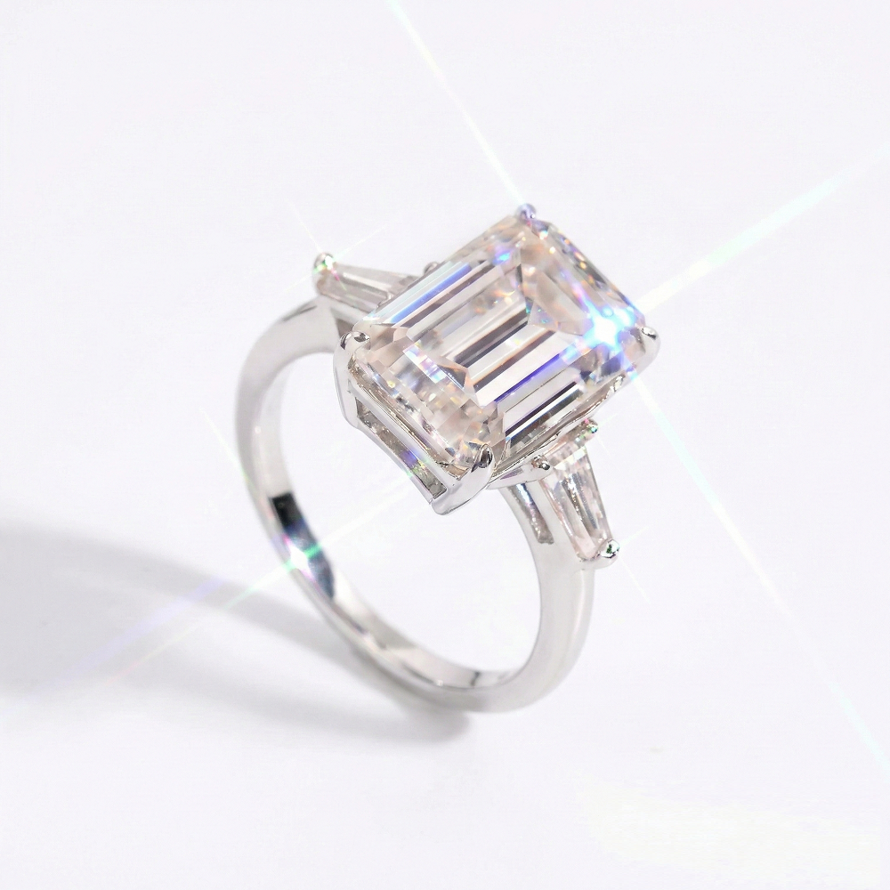 Emerald Cut Moissanite Engagement Ring in Three Stone Setting