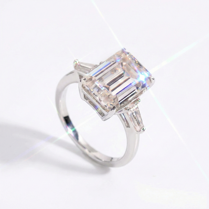 Emerald Cut Moissanite Engagement Ring in Three Stone Setting