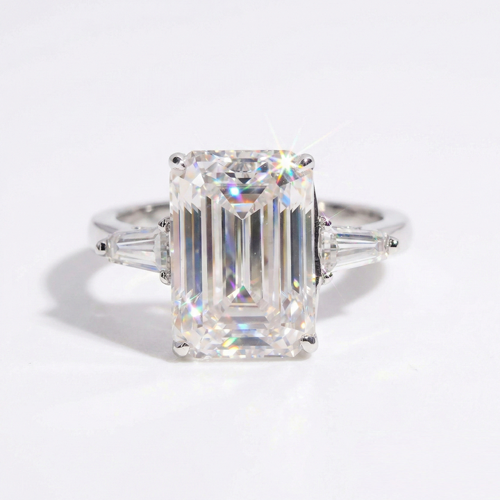 Emerald Cut Moissanite Engagement Ring in Three Stone Setting