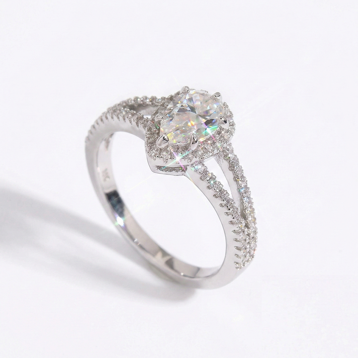 Pear Cut Halo Moissanite Ring with Pavé Band