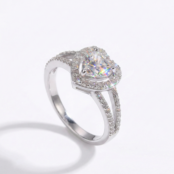 Heart Shape Halo Moissanite Ring with Pavé Band