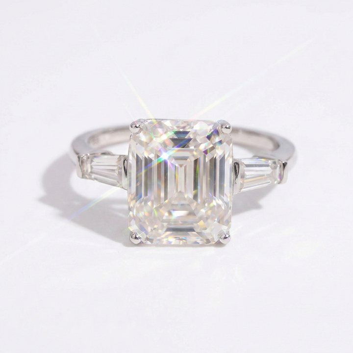 Emerald Cut Moissanite Three Stone Engagement Ring