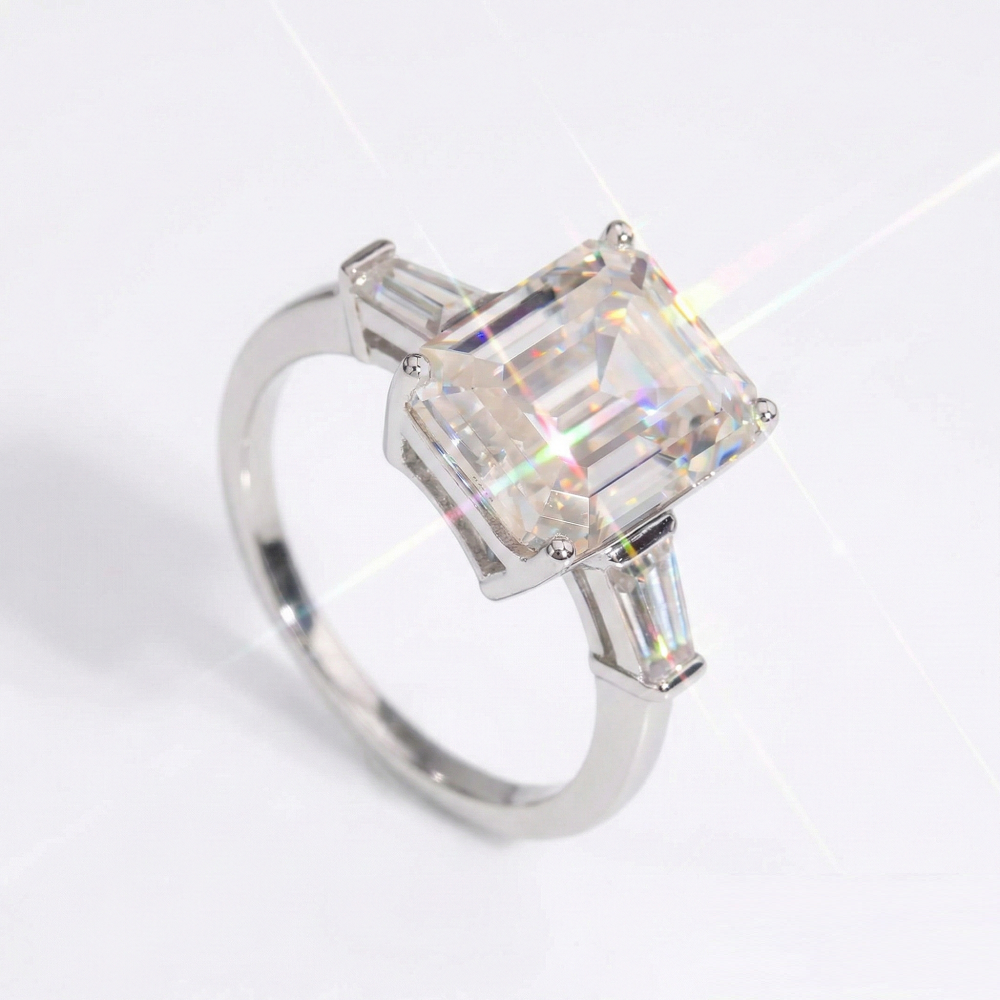 Emerald Cut Moissanite Three Stone Engagement Ring