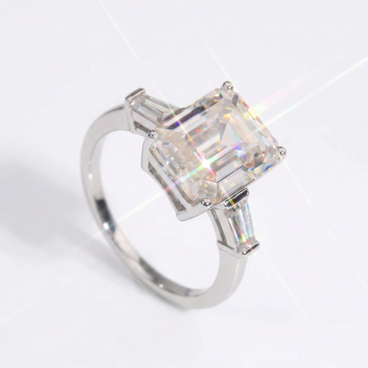 Emerald Cut Moissanite Three Stone Engagement Ring