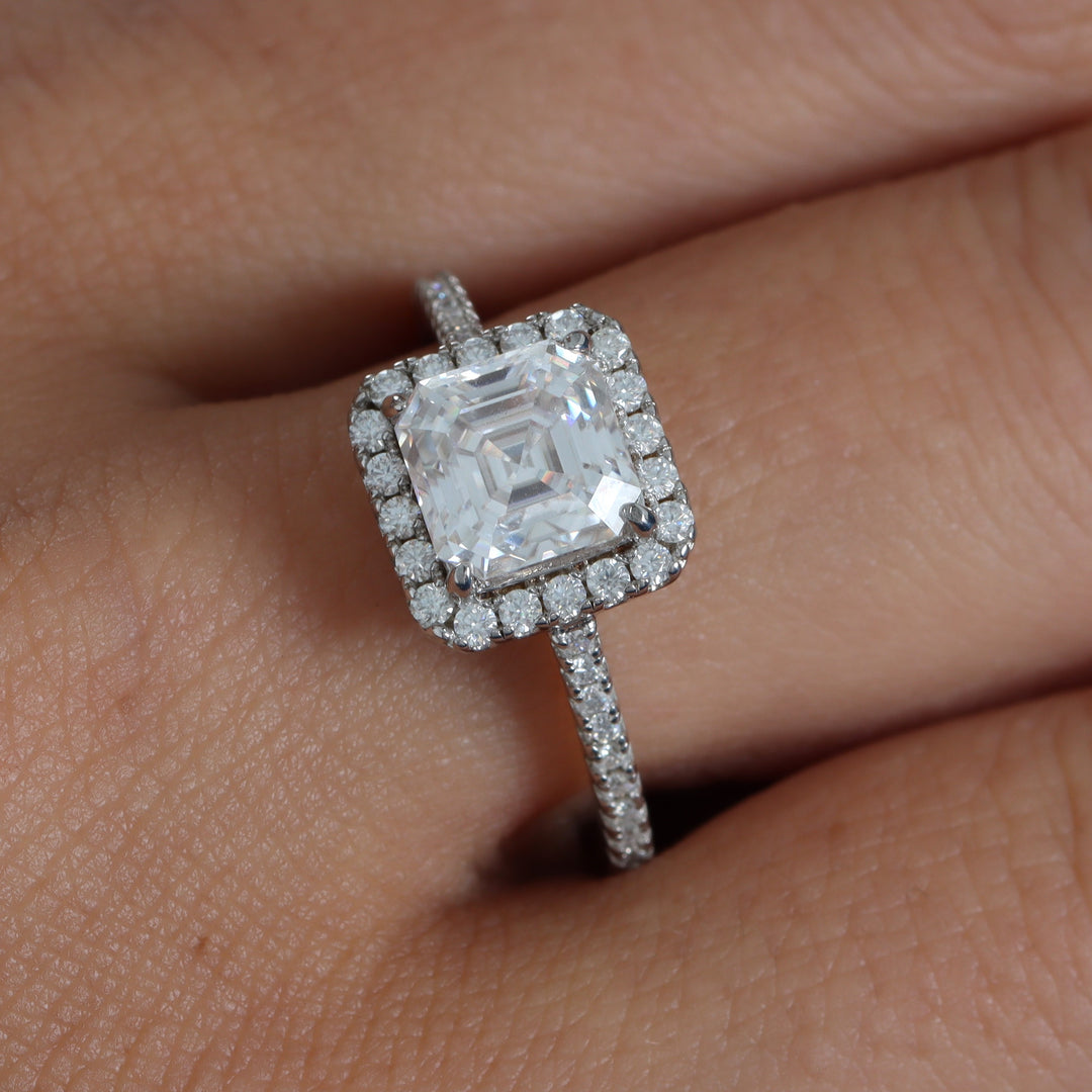 Adorned Halo Asscher Cut Moissanite Ring