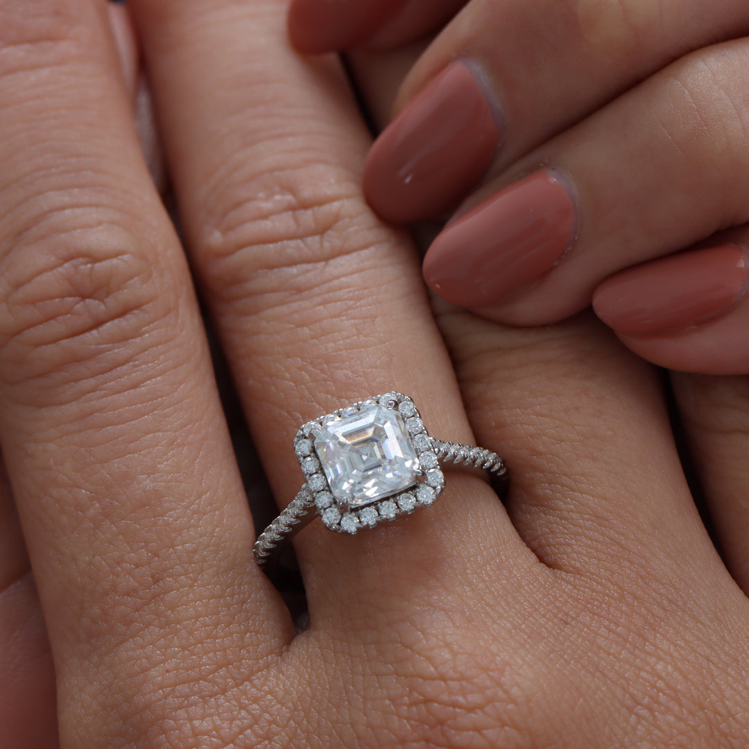 Adorned Halo Asscher Cut Moissanite Ring