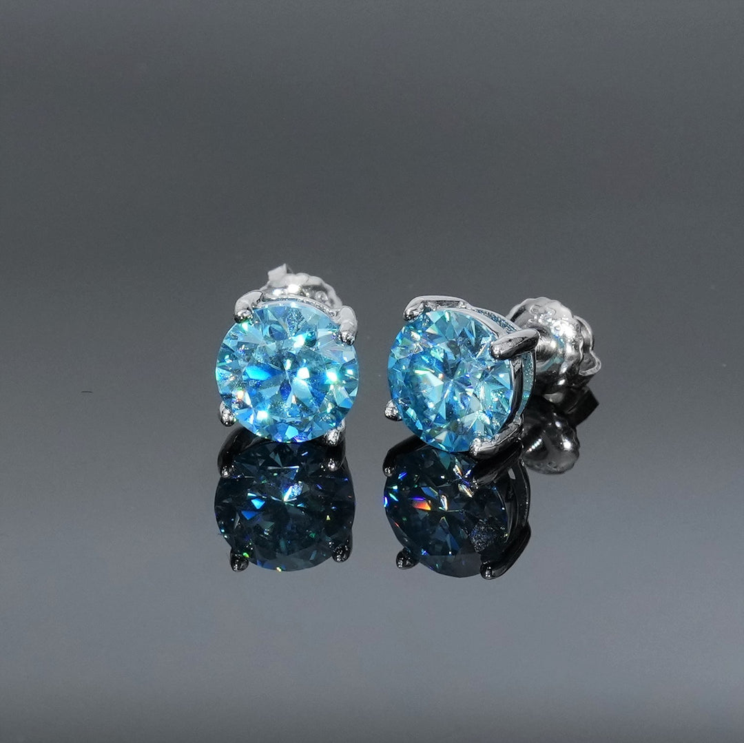 Round Cut Aqua Blue Moissanite Claw-Set Stud Earrings