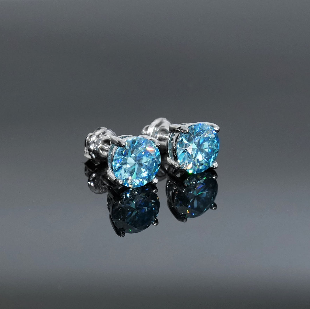 Round Cut Aqua Blue Moissanite Claw-Set Stud Earrings