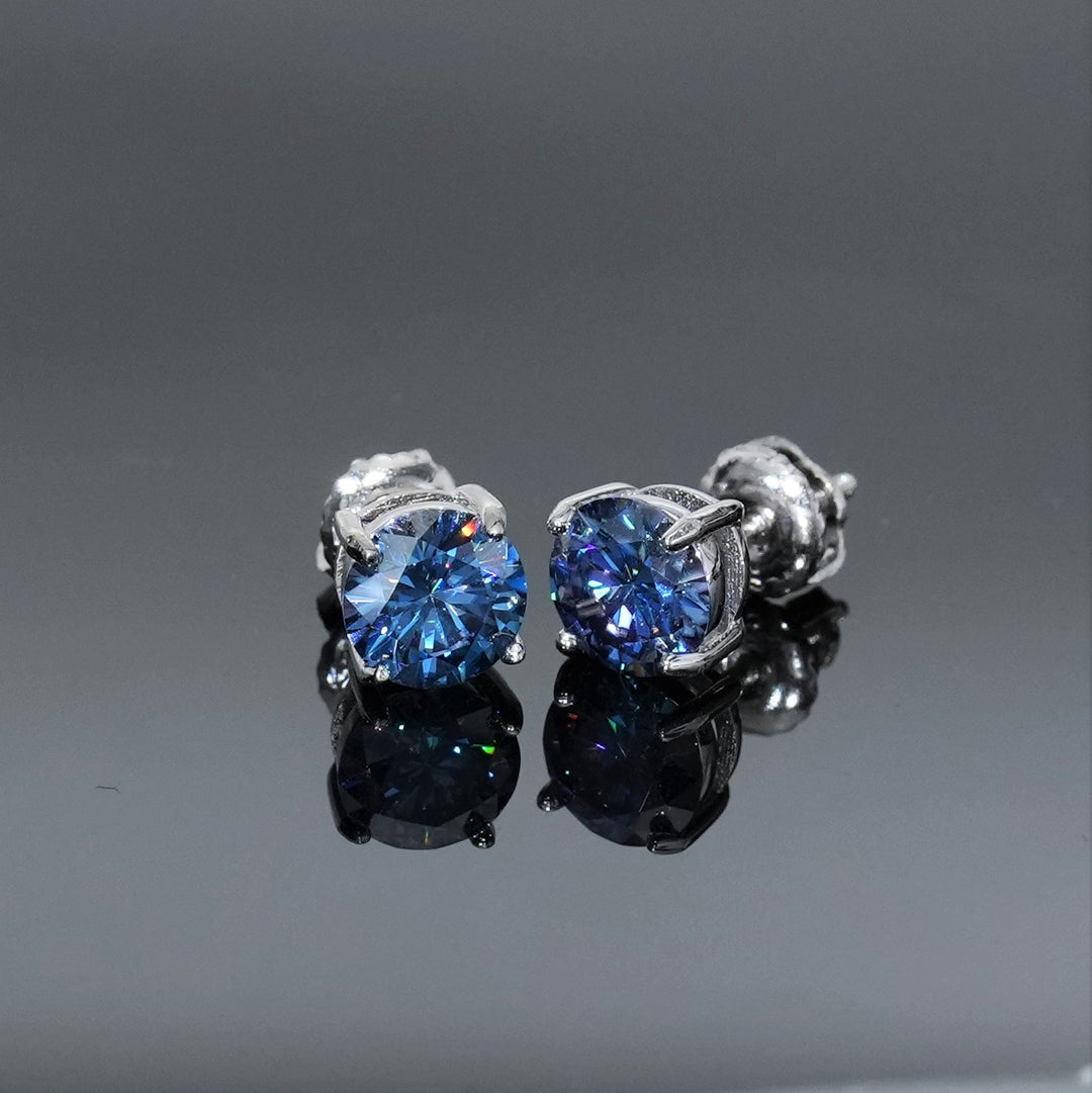 Round Cut Dark Blue Moissanite Claw-Set Stud Earrings