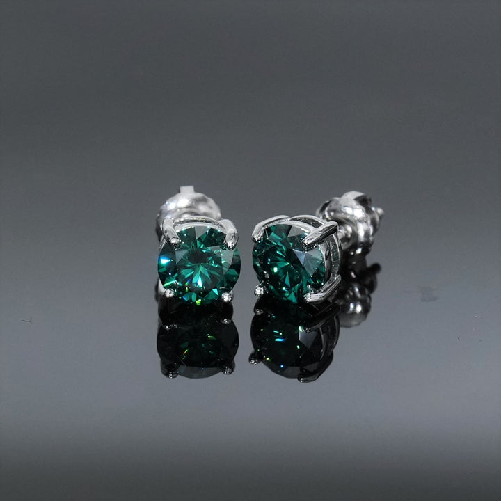 Round Cut Emerald Green Moissanite Claw-Set Stud Earrings