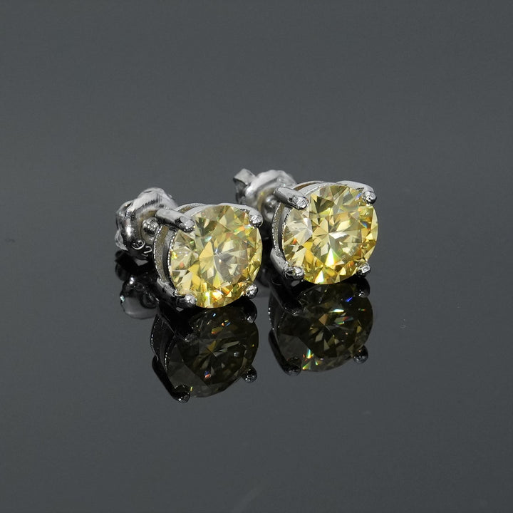 Round Cut Yellow Moissanite Claw-Set Stud Earrings
