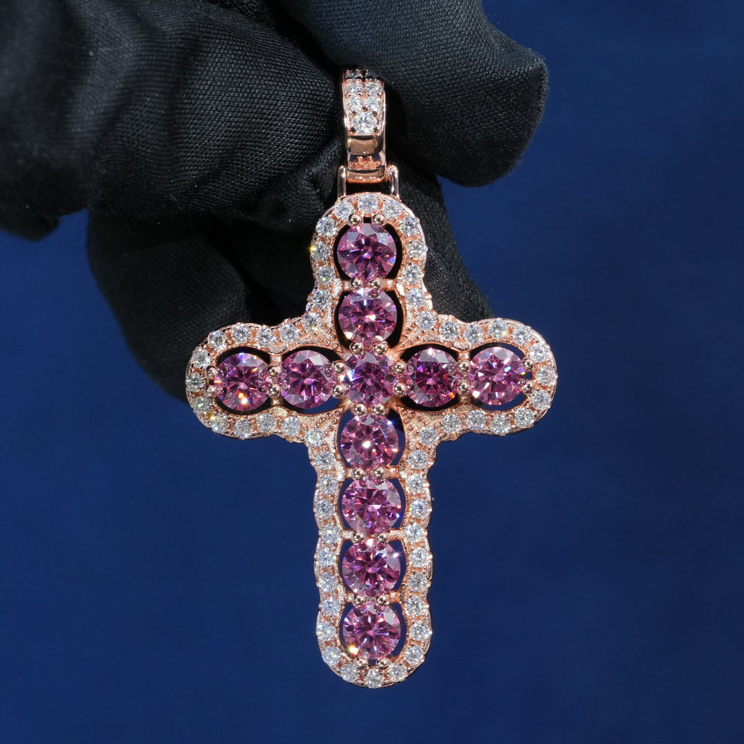 Round Colorful Moissanite Cross Pendant Necklace