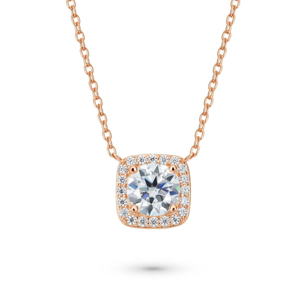 Cushion Halo 1 Carat Round Cut Diamond Necklace in Rose Gold