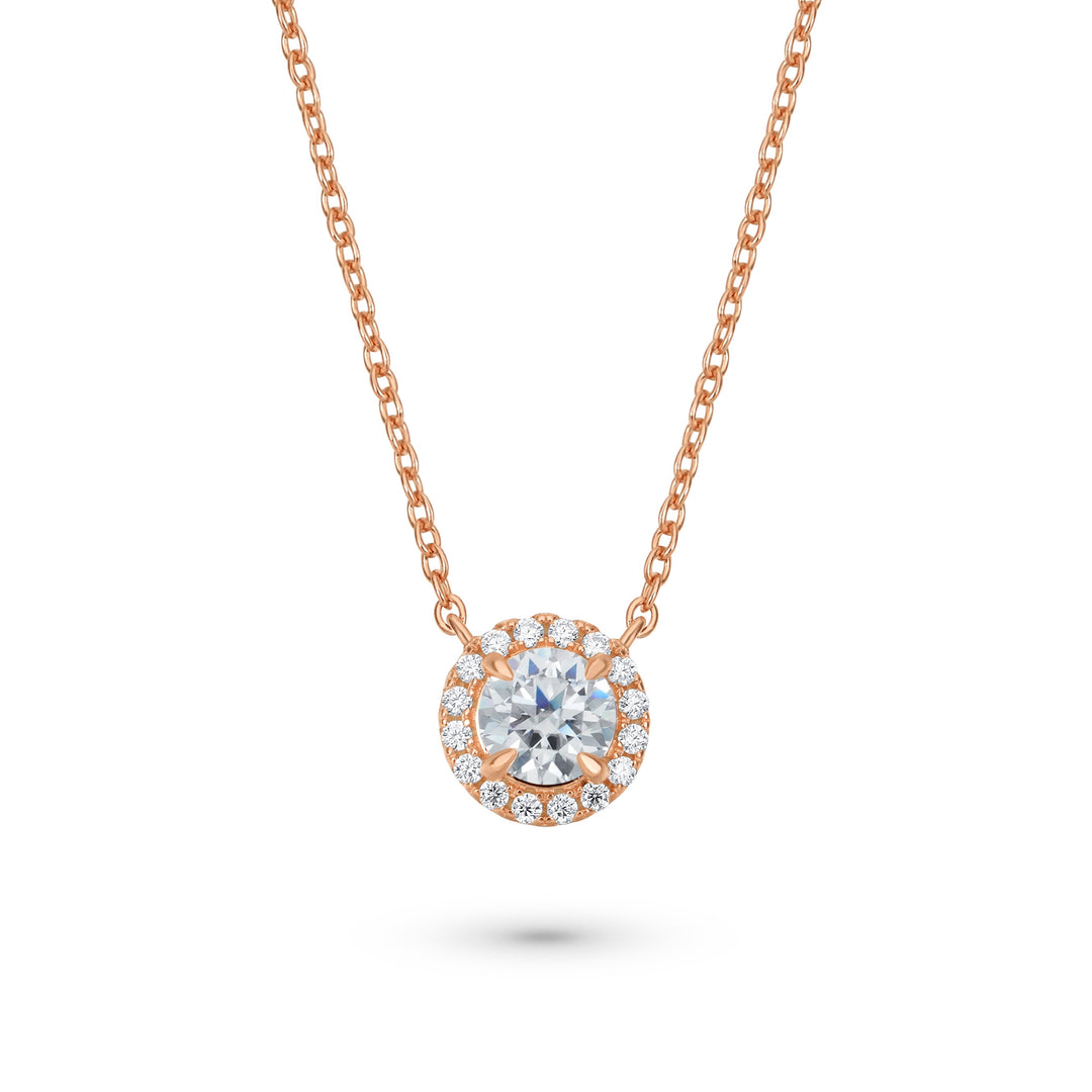 Halo Round Cut Moissanite Necklace in Rose Gold