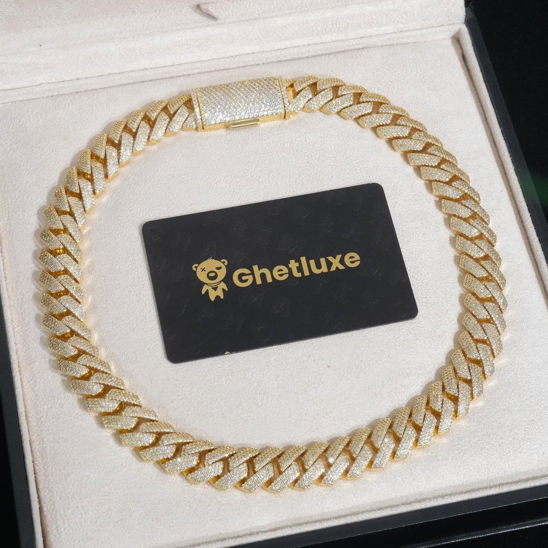 15mm Gold 4-Row Diamond Cuban Link Chain Extended Clasp