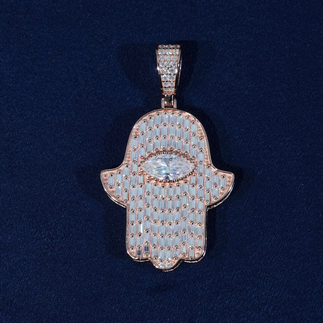 Baguette Moissanite Hamsa Evil Eye Pendant S925