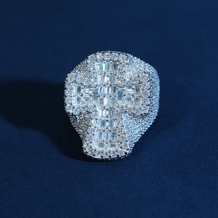 Iced Out Baguette Cross Moissanite Ring 925 Sterling Silver