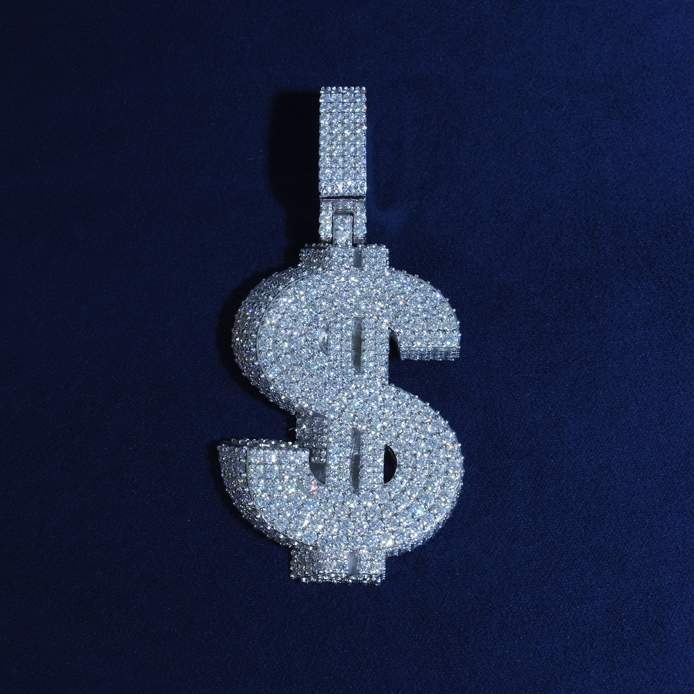 Iced Out Moissanite Money Sign Pendant 925 Sterling Silver