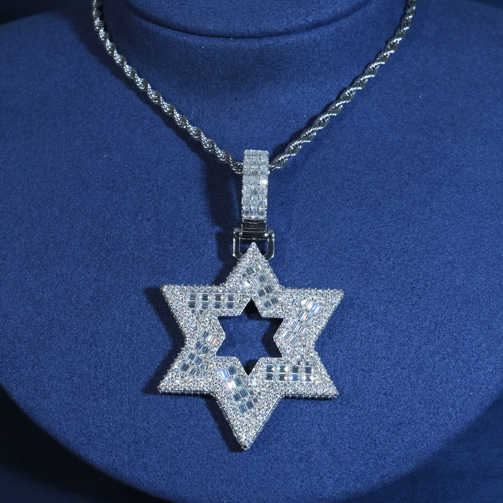 Moissanite Baguette Star of David Pendant 925 Sterling Silver