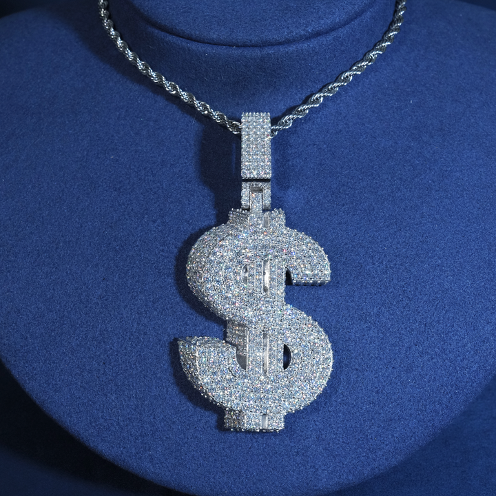 Iced Out Moissanite Money Sign Pendant 925 Sterling Silver