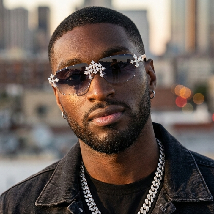 Moissanite Iced Tripe Cross Sunglasses