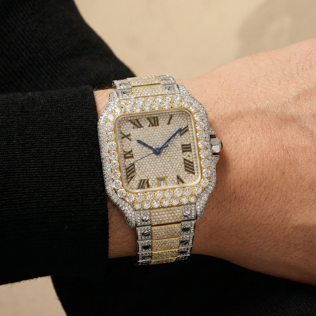 Moissanite Two Tone Roman Number Diamond Dial Watch