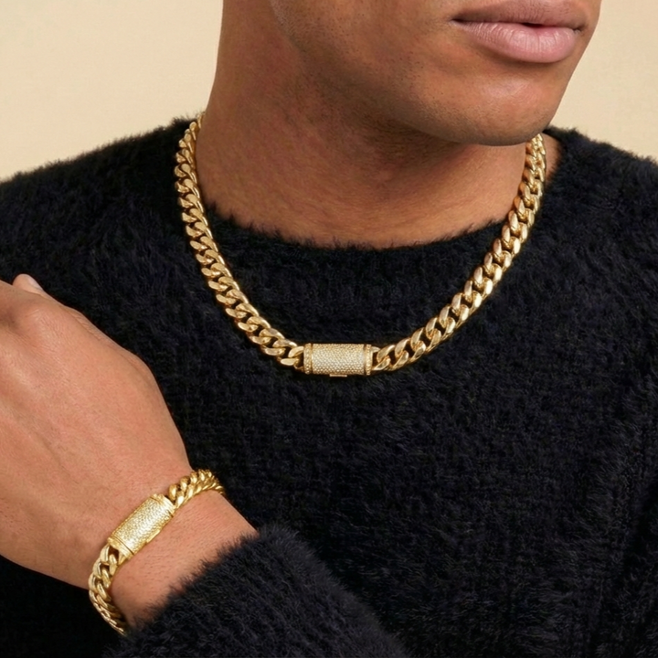 8mm Plain Gold Cuban Link Chain+Bracelet with Moissanite Box Clasp