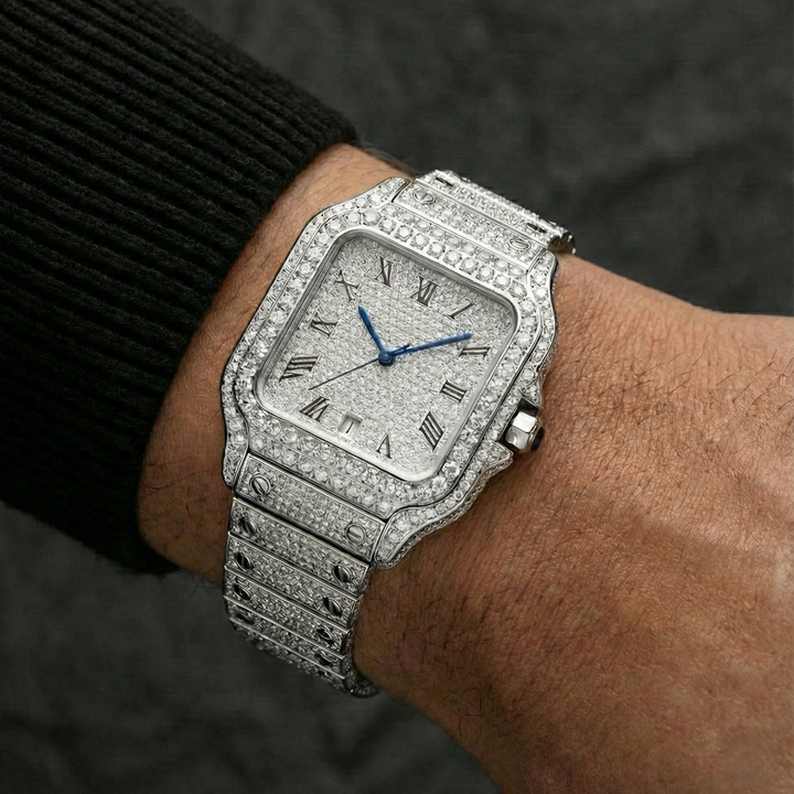 Moissanite Roman Numeral Dial Watch Blue Hands