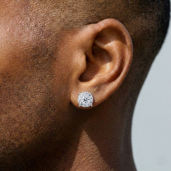 Round Floral Moissanite Stud Earrings in Sterling Silver