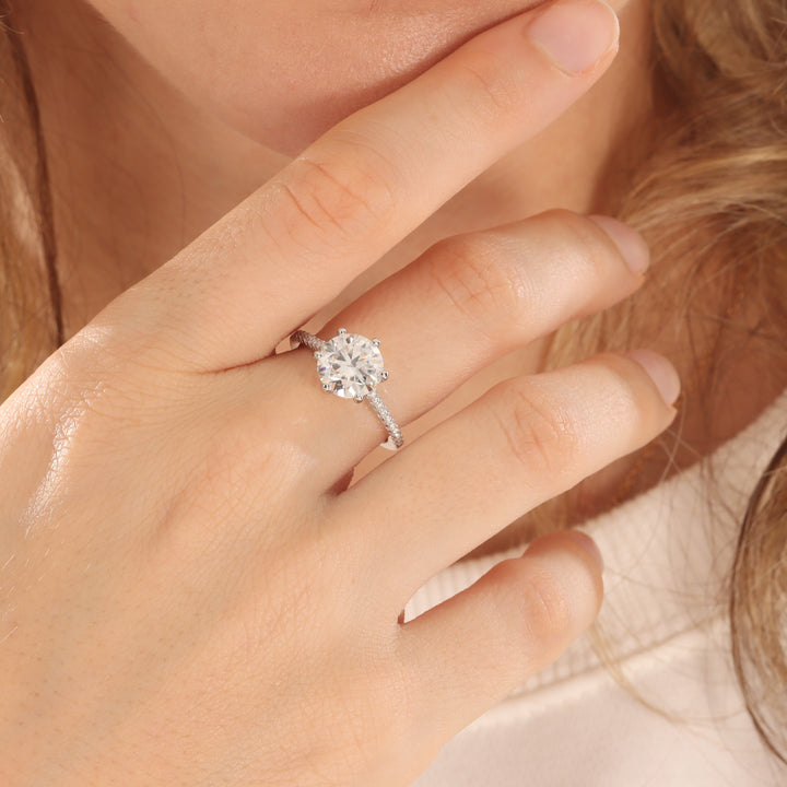 Adorned Six-Prong Round Cut Moissanite Ring