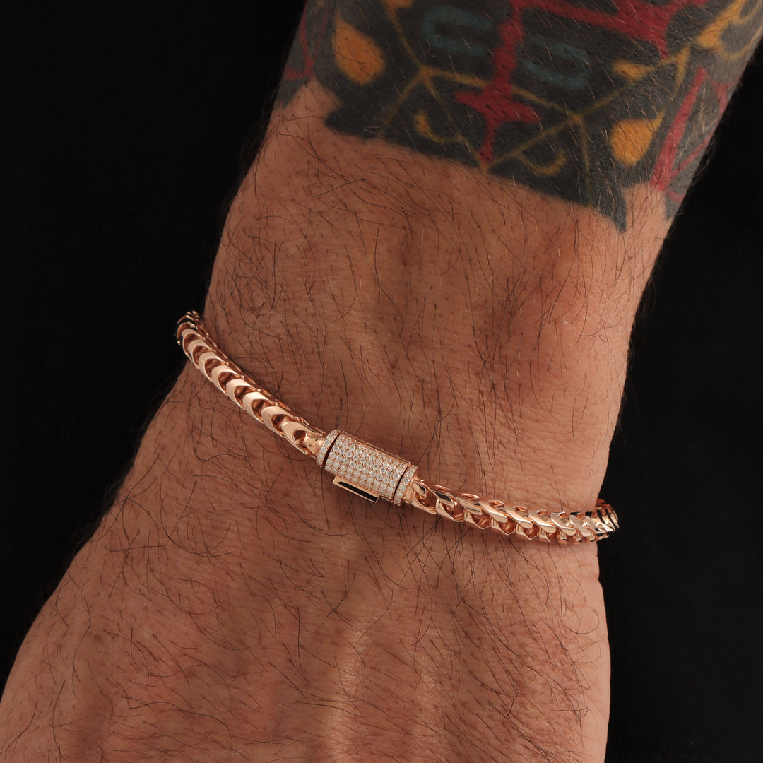 4mm S925 Franco Bracelet with Moissanite Clasp in Rose Gold