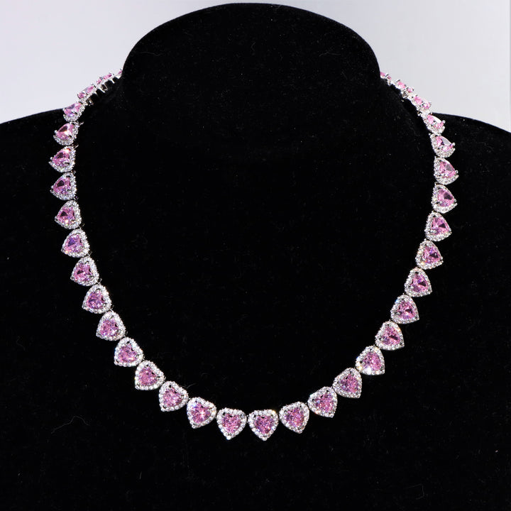 Women's Pink Heart Cut Cluster Tennis Necklace White Gold