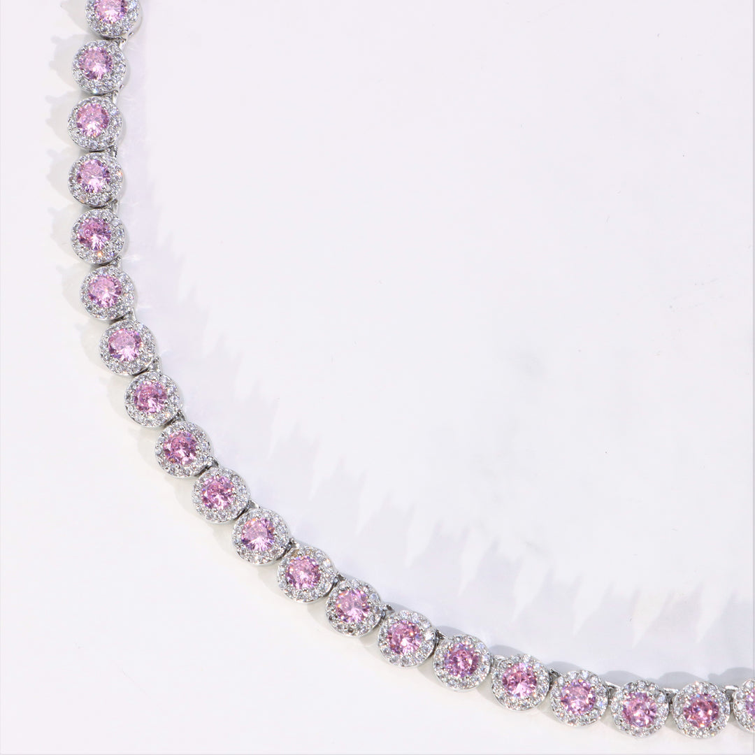 Women's Pink Round Cut Clustered Tennis Necklace White Gold