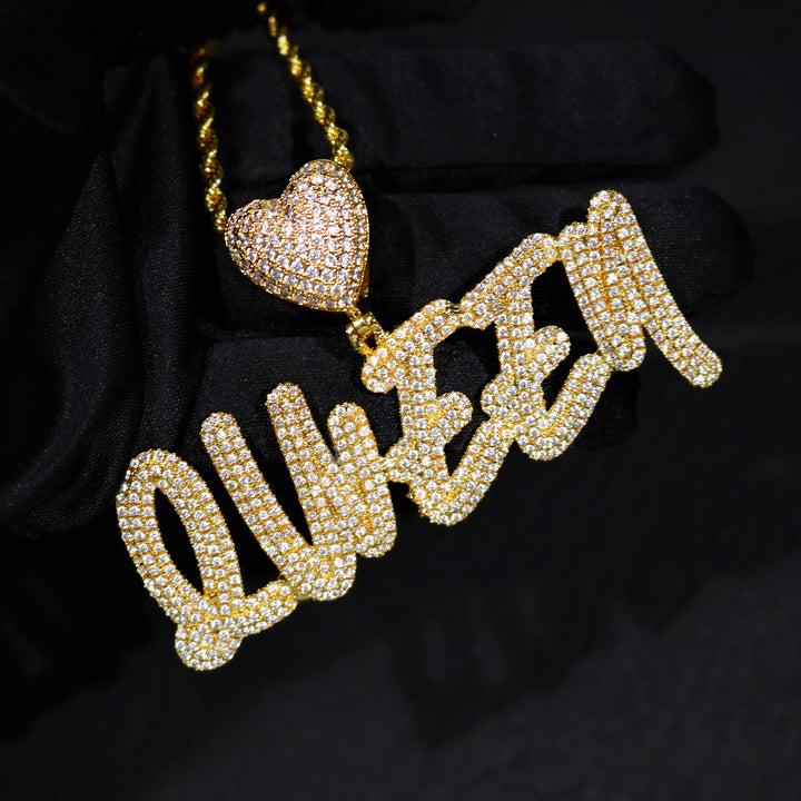 Iced Cursive Letter Pendant with Heart Bail