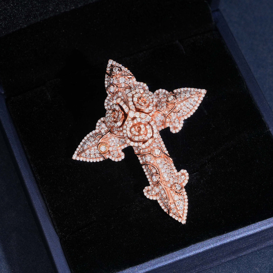 Moissanite Cross With Rose Flower Pendant