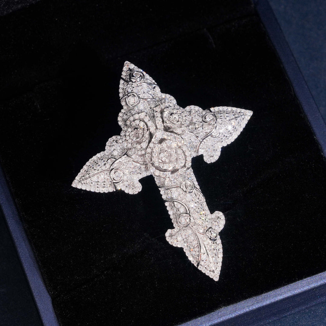 Moissanite Cross With Rose Flower Pendant