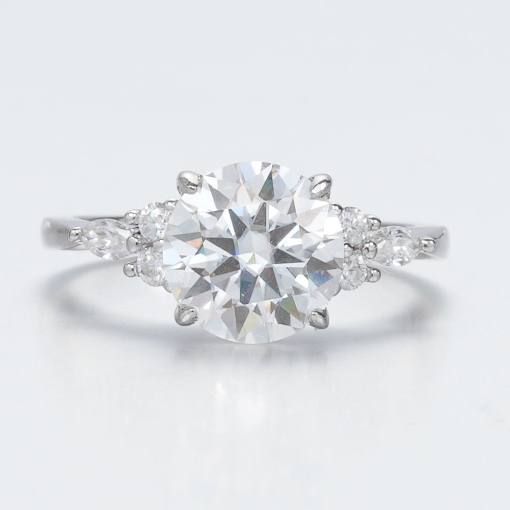 Luxe Three Stone Round Cut Moissanite Ring in Sterling Silver