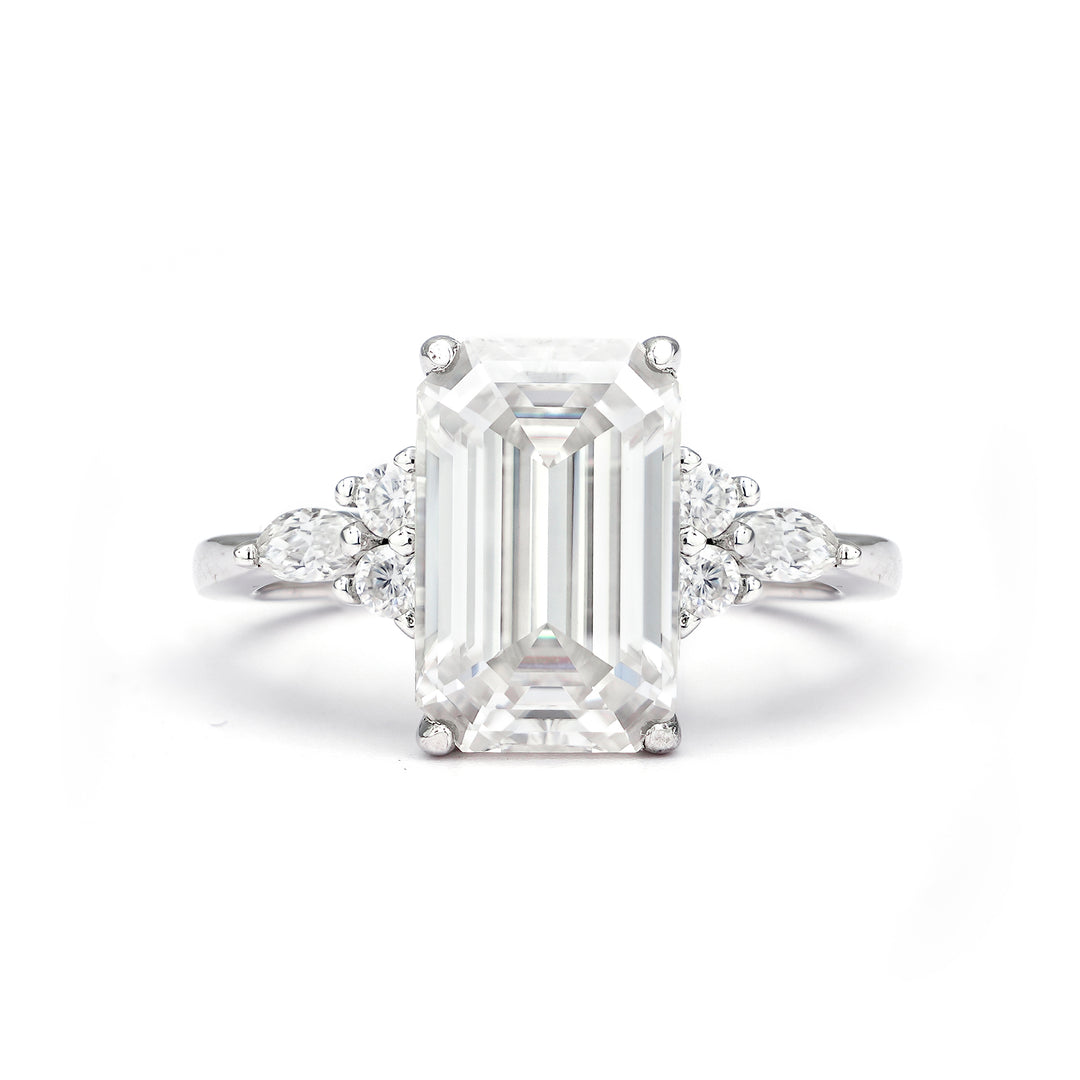 Luxe Three Stone Emerald Cut Moissanite Ring in Sterling Silver