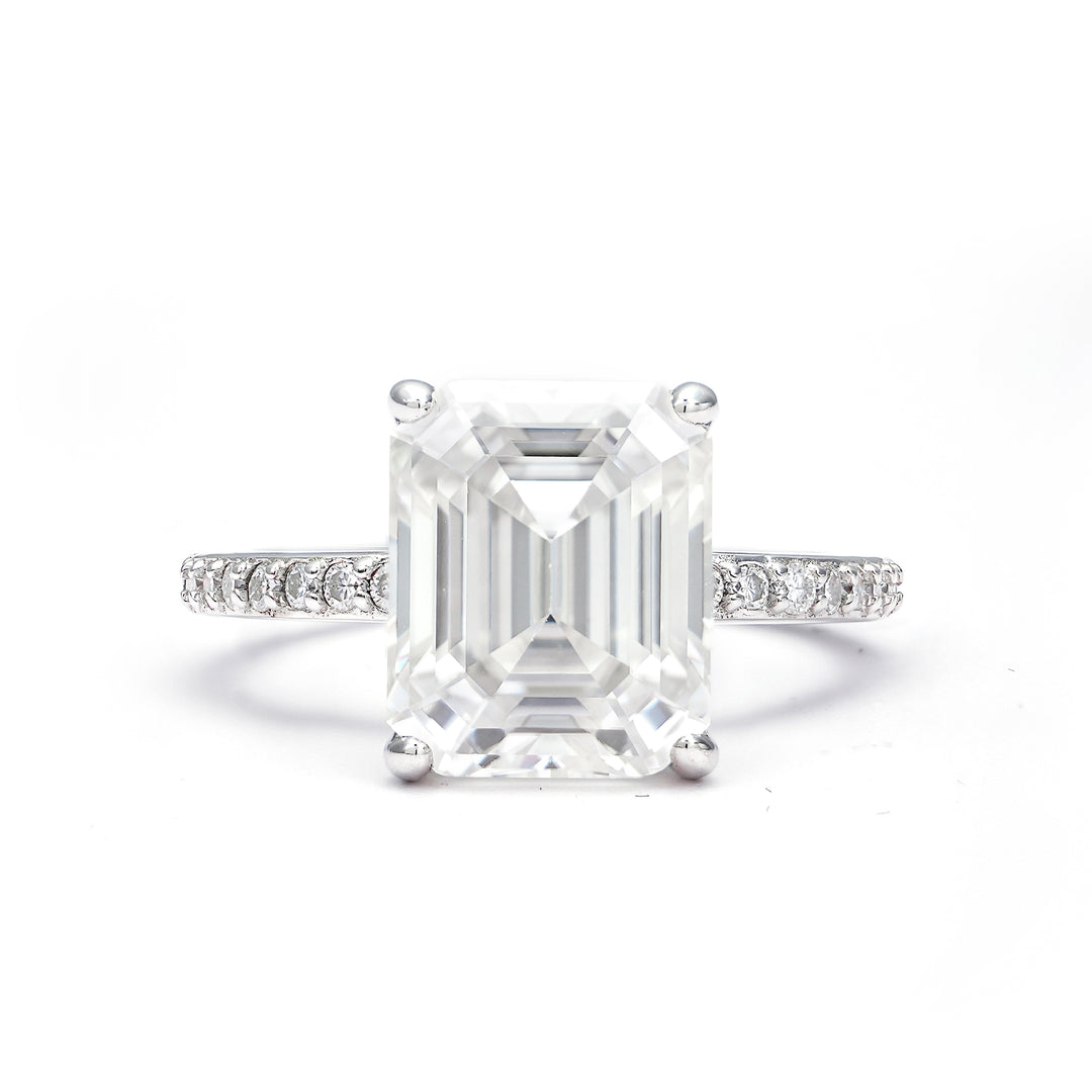 Adorned Emerald Cut Moissanite Ring in Sterling Silver