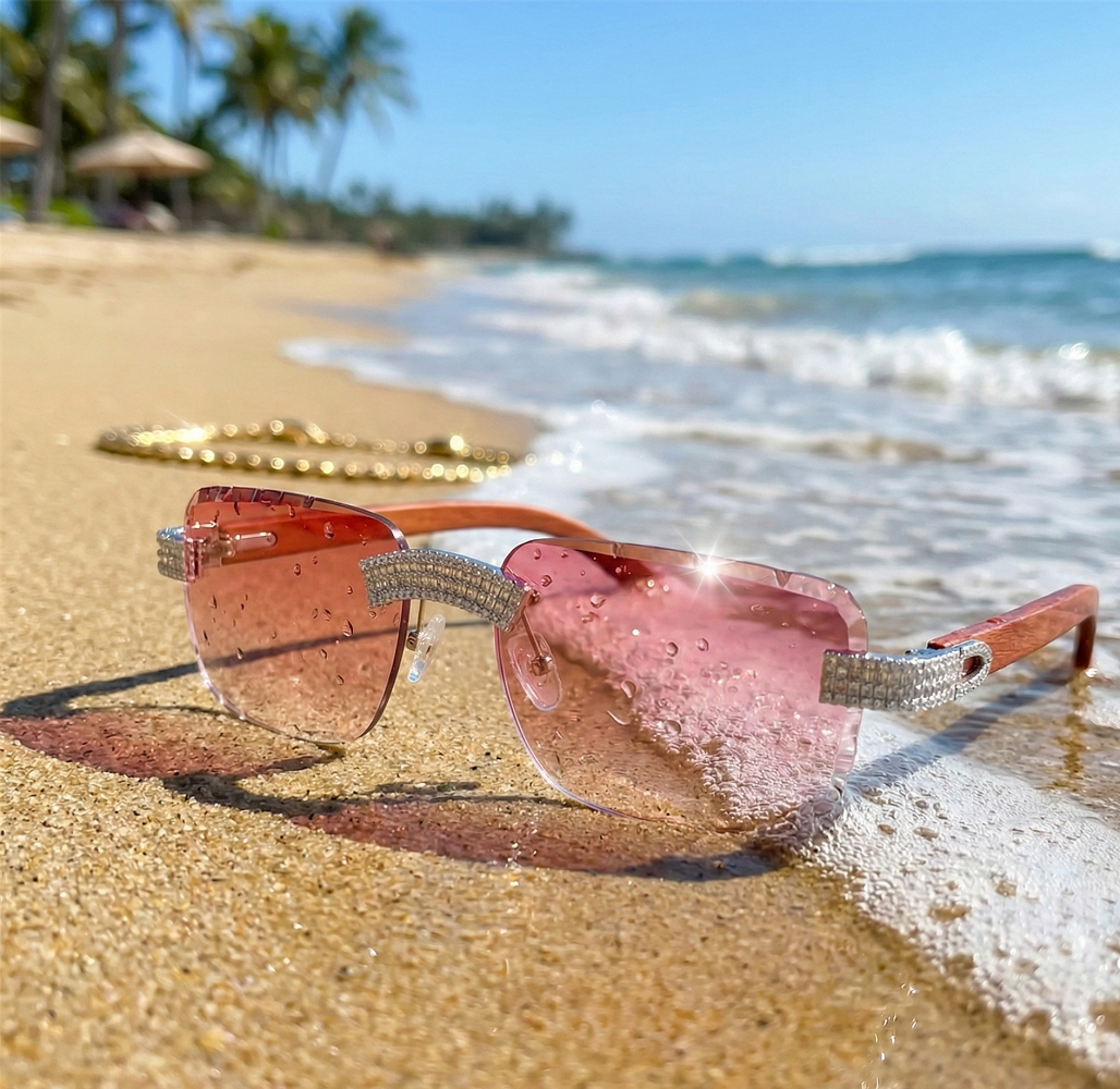 Moissanite Rimless Wood Frame Sunglasses