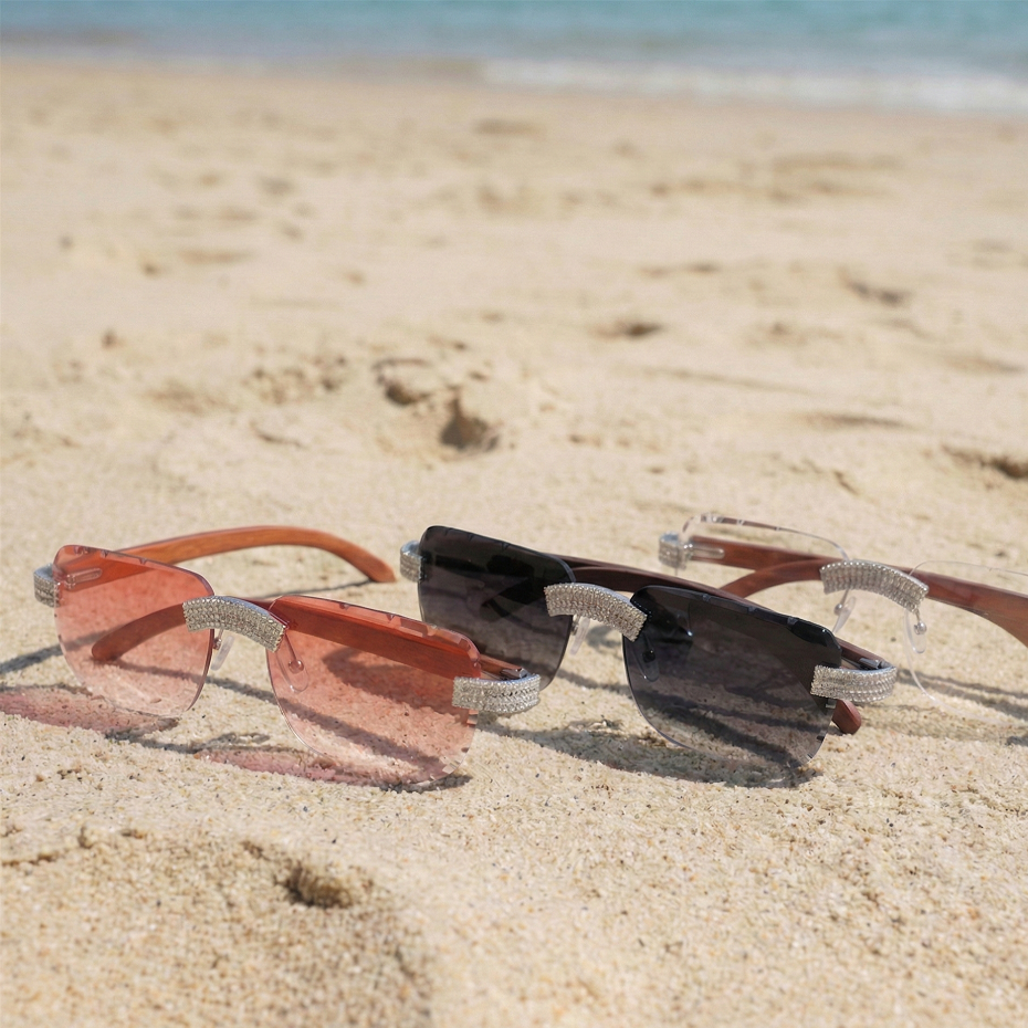 Moissanite Rimless Wood Frame Sunglasses