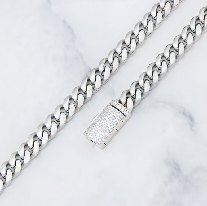 Plain White Gold Cuban Link Chain with Moissanite Box Clasp