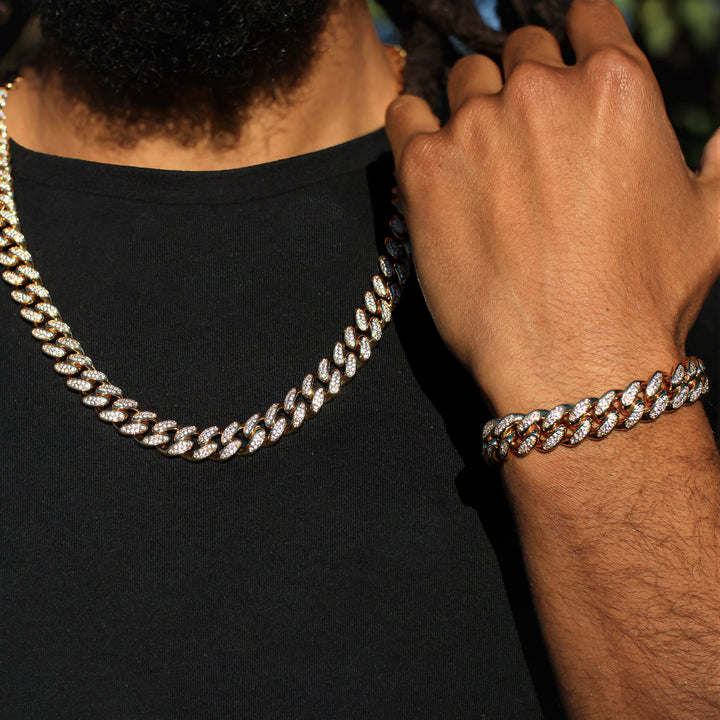 12mm Diamond Cuban Link Chain + Bracelet Bundle in Gold