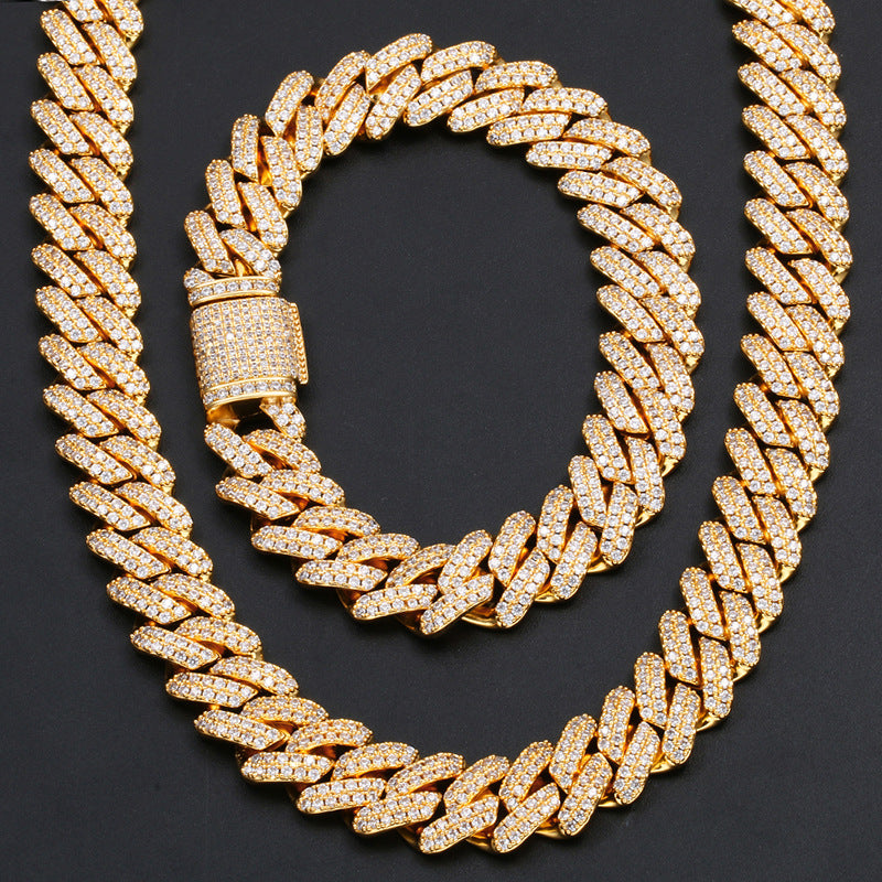 14mm Two-Row Prong Cuban Link Chain + Bracelet Bundle in Gold