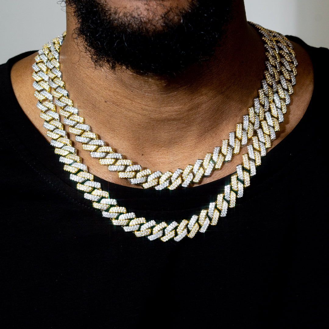 Two-Tone Iced Prong Cuban Link Chain in Gold and White Gold Plating