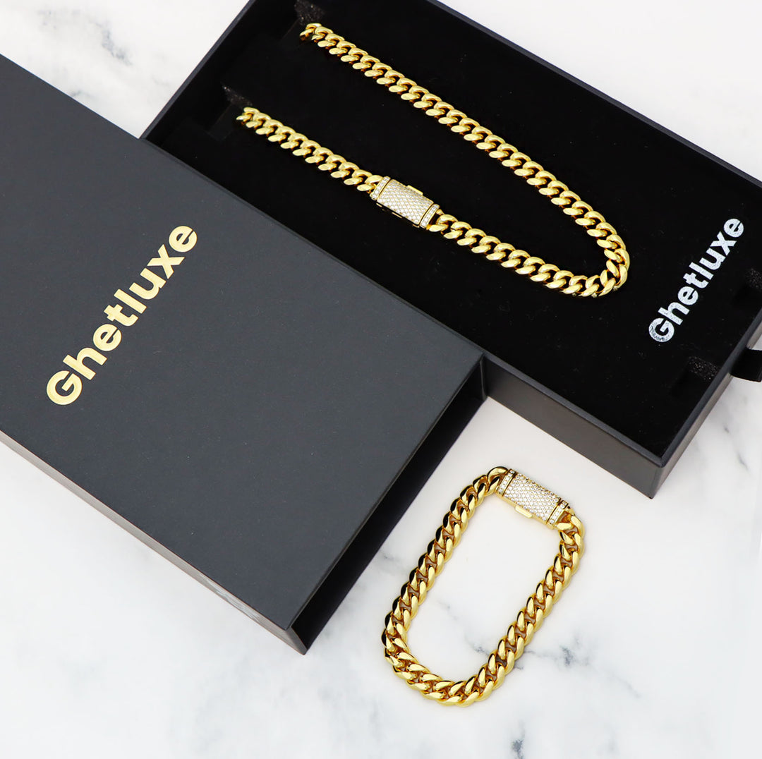 8mm Plain Gold Cuban Link Chain with Moissanite Box Clasp