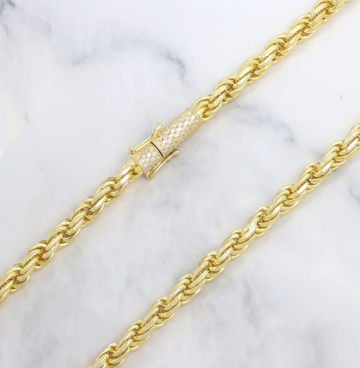6mm Plain Gold Rope Chain with Moissanite Clasp in Sterling Silver