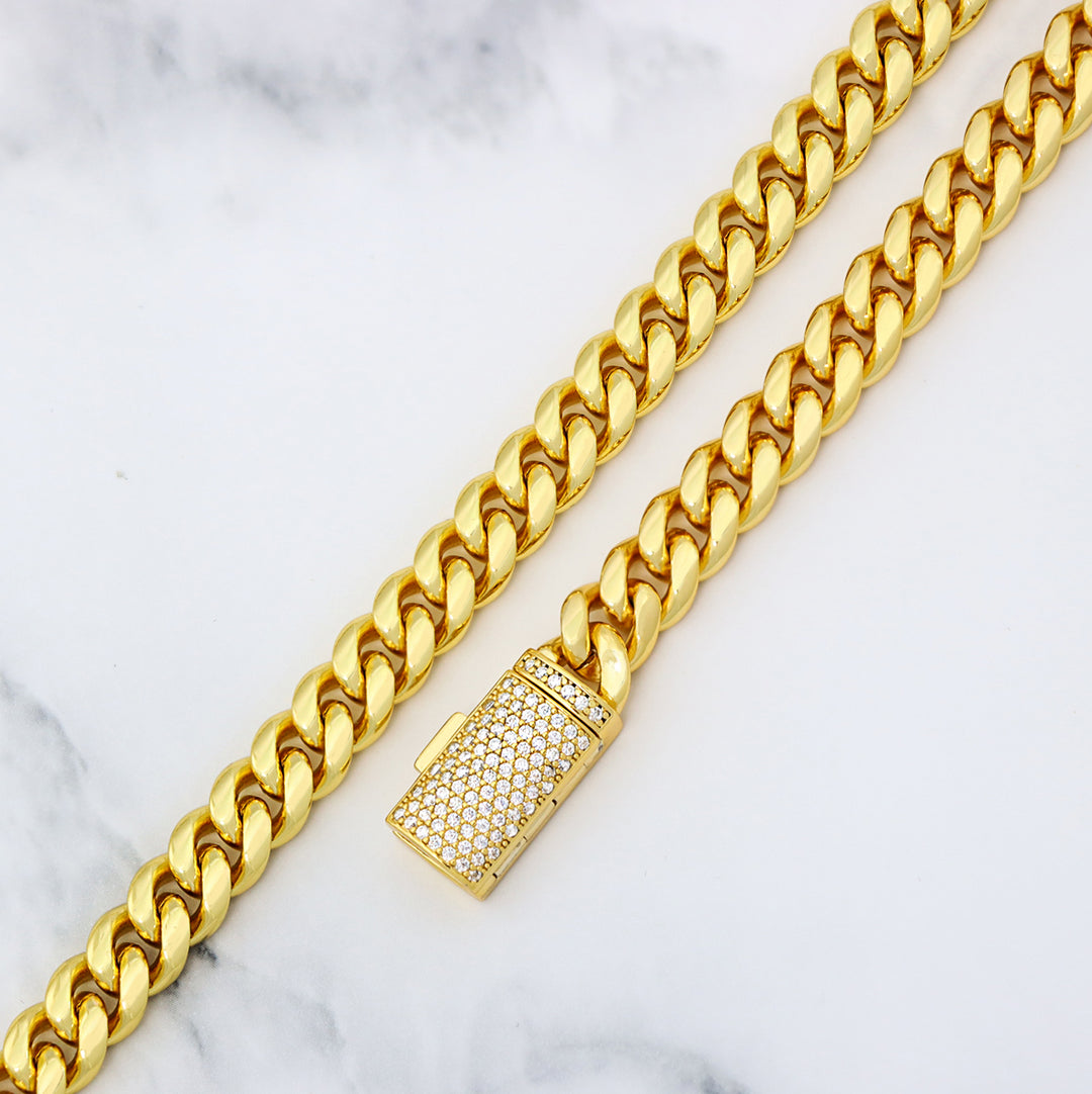 8mm Plain Gold Cuban Link Chain with Moissanite Box Clasp