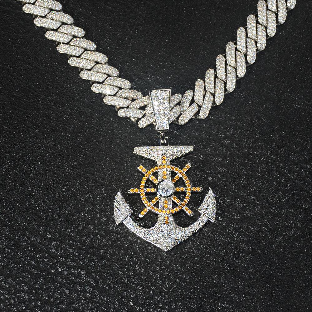 Iced Anchor and Rudder Pendant in White Gold